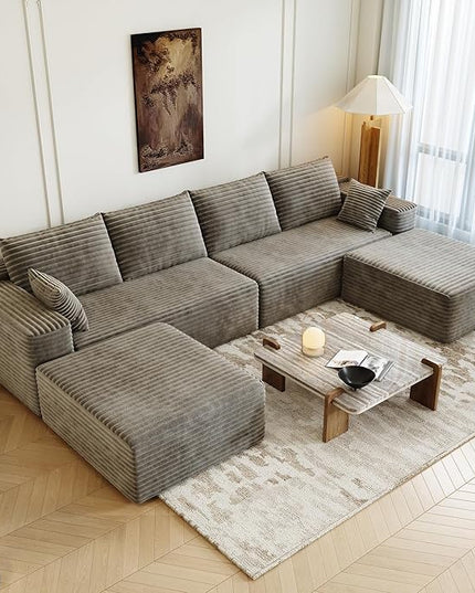 139.4" Modular Sectional Sofa, U-Shaped Minimalist Couches with 2 Ottomans Chaise, Modern Deep Seat Convertible Sleeper Sofa Bed,Cloud Plush Corduroy Fabric, No Assembly Required, 6 Seater, Camel