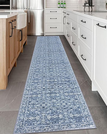 2.6x14 Runner Washable Rug for Kitchen, Blue Soft Classic Runners with Non-Slip, Non-Shedding Distressed Floral Rug for Hallways Entryway Bedroom Bathroom Laundry Indoor