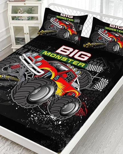 AILONEN Truck Fitted Sheet Twin Size, Monster Trucks Bedding Set for Kids Boys,Offroad Automobile Extreme Sport Theme Bed Sheet Set,3 Pieces,Soft Breathable Fitted Sheet and 2 Pillowcases
