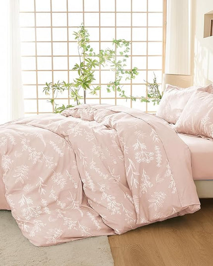 MUXHOMO Cameo Pink Full Comforter Set, Elegant Floral Print Bed in a Bag 7 Pieces, Ultra Soft & Breathable Reversible Botanical Pattern Bedding Set with Comforter, Sheets, Pillowcases, and Shams