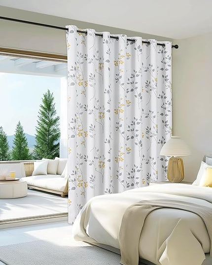 Beauoop Floral 100% Blackout Curtains 84 Inch Length 1 Panel for Patio Sliding Door Extra Wide Yellow Grey Flower Patterned Divider Room Darkening Thermal Soundproof Grommet Window Drapes, 100x84x1