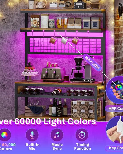 Itaar Bakers Rack with Power Outlet, 6-Tier Coffee Bar, Microwave Stand with Wine Rack, LED Lights and 10 Hooks, Bakers Racks for Kitchens with Storage, Rustic Brown