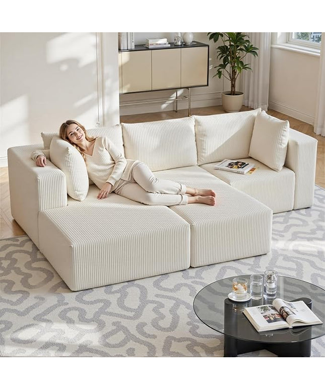 108" Boneless Couches for Living Room, Modular Cloud Couch Sofa - 4 Pieces U Shap Corduroy Sectional Sofa, Fluffy Memory Foam Sleeper Sofa Furniture, No Assembly, Wide Armrest, Beige