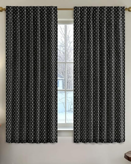 MIULEE Decorative Back Tab Linen Curtains with Geometric Pattern for Living Room Bedroom Farmhouse Rustic Thick Woven Textured Patterned Mudcloth Drapes 63 Inch Length 2 Panels Set, Black