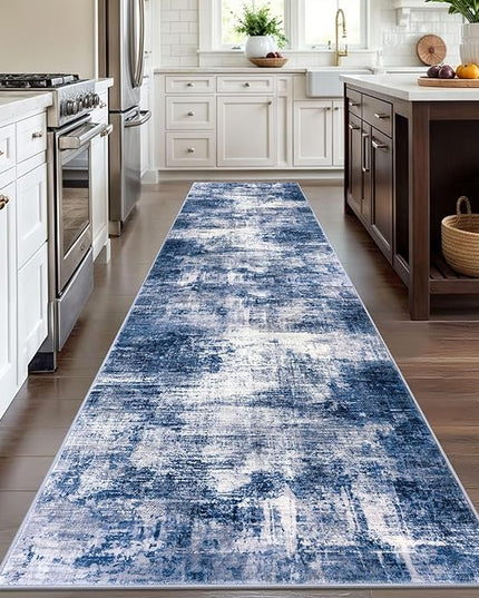 IOHOUZE Abstract Runner Rug 3x12 Ft Washable Runners for Hallways, Non Slip Kitchen Runner Printed Faux Wool Entryway Runner Indoor, Modern Abstract Floor Carpet for Hall Kitchen, Navy/Grey