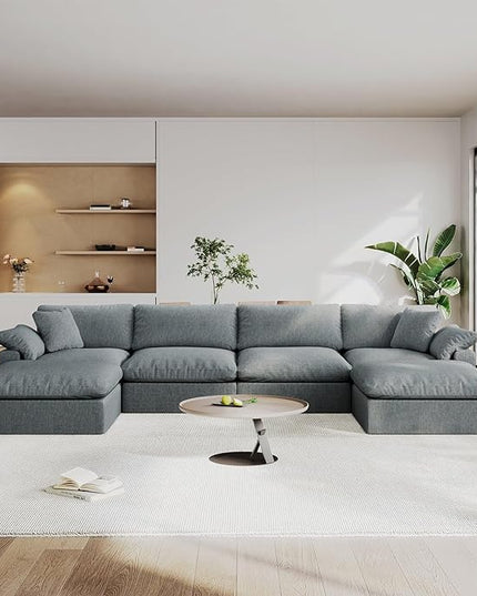 Modular Sectional Sofa Cloud Couch,Down Filled Comfy Cloud Modern Sofa,Light Blue Linen U Shape 6 Seater Oversized Couch Cushion Covers Removable for Living Room