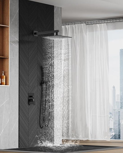 SR SUN RISE Black Square Rainfall Shower Head and Handle Set, Wall Mounted Shower Fixtures, Metal Shower Faucet Trim Repair Kits (With Shower Valve)