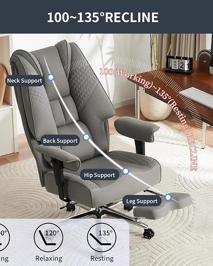 Big and Tall Office Chair with Footrest, PU Leather High Back Executive Office Chair 400lbs, Ergonomic Computer Chairs Lumbar Support for Heavy People (Mesh Grey)