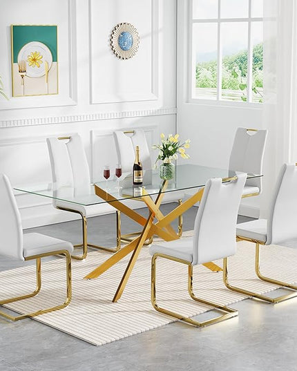 HomVent 7 Piece Rectangular Glass Dining Table Set, Rectangular Glass Kitchen Table Set for 6 with 6 PU Upholstered Dining Chairs for Kitchen Dining Room