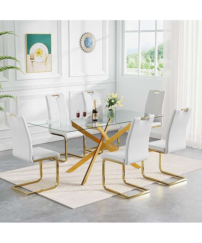 HomVent 7 Piece Rectangular Glass Dining Table Set, Rectangular Glass Kitchen Table Set for 6 with 6 PU Upholstered Dining Chairs for Kitchen Dining Room