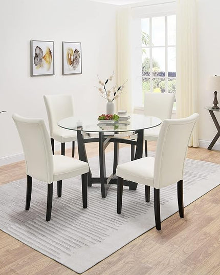 PADMA HOUSE Round Glass Dining Table Set for 4, 45in Modern Kitchen Small Wood Dinner Table with 4 Parsons Leather Dining Chairs 5 Piece Dining Room Table Chair Set,Clear&Ivory