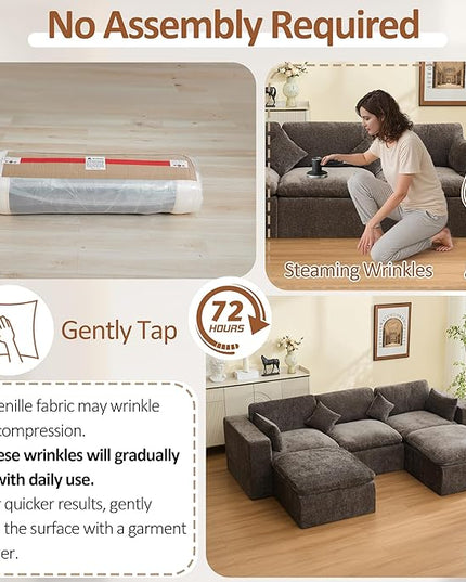 115'' Cloud Boneless Sectional Couch, Modular Sectional Sofa Deep Seat with 2 Ottomans, Oversized Upholstered Convertible Comfy 5 Seater Chenille Sofa U Shape Couches for Living Room, Brown