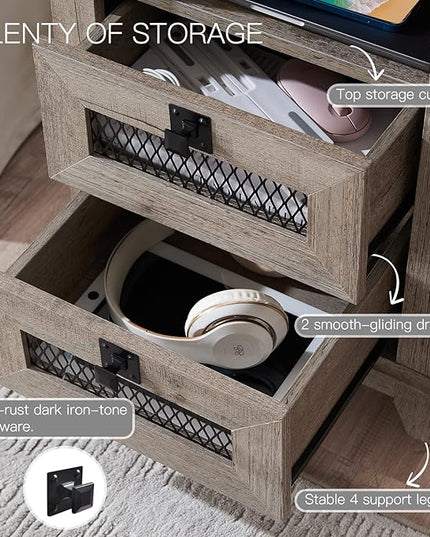 Nightstand with Charging Station,OKD 18'' Industrial & Farmhouse End Table with 2 Drawers & Open Cubby, Rustic Mesh Drawer Sofa Side Table w/Storage for Bedroom, Living Room, Office, Light Rustic Oak