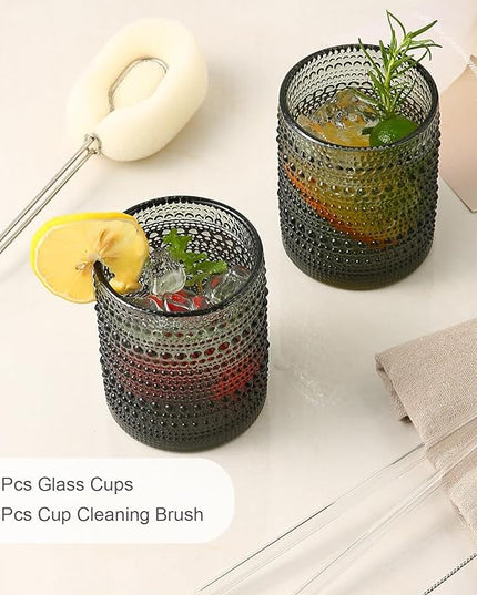 Vintage Glassware Drinking Glasses Set of 6,12 oz Hobnail Glass Cups,Embossed Grey Water Tumbler,for Beer,Cocktail,Whiskey,Juice and Various Mixed Drinks- 1 Cleaning Brush