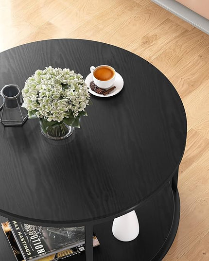 NSdirect Round Coffee Table, 25.6" Small Coffee Table for Living Room,2-Tier Rustic Wood Desktop with Storage Shelf Modern Design Home Furniture(Brown)