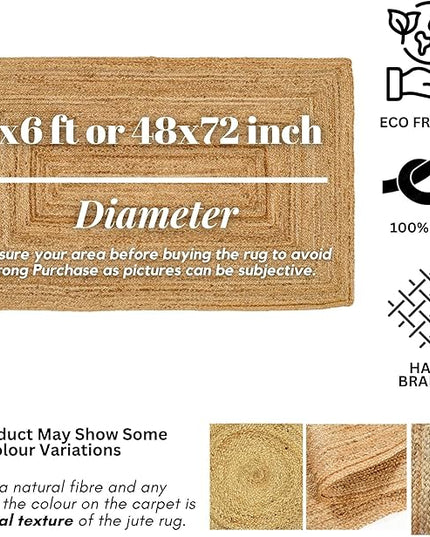 Hand Woven Jute Area Rug - 4' x 6' Feet - Rustic Beige Reversible Rectangular Rugs for Bedroom, Kitchen, Living Room - Vintage Natural Braided Entry Floor Décor Boho Jute 4 x 6 Area Rug