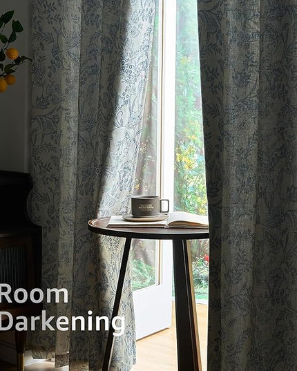 Lazzzy Blue Floral Lined Curtains Farmhouse Linen 84 Inches Length Grommet Top Drapes for Living Room Bedroom Flower Patterned Country Vintage Curtains 2 Panels Set Green on Beige