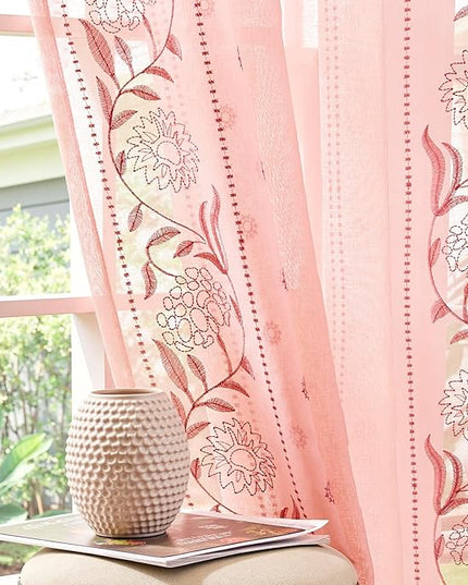 jinchan Winslow Pink Sheer Curtains 84 Inch for Bedroom Living Room Embroidered Bordered Floral Nursery Curtains for Girls Room Dorm Light Filtering, 2 Panels, 50W x 84L