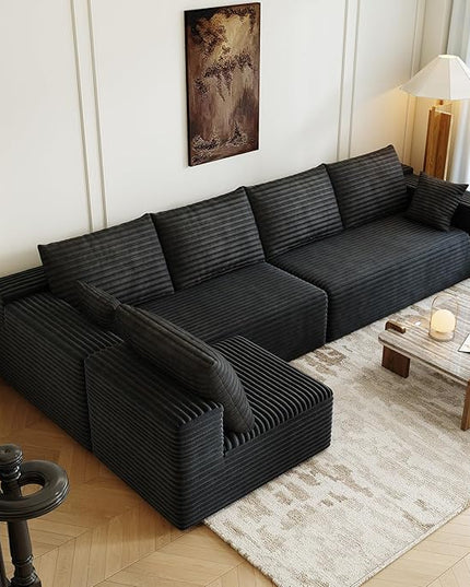139.4" Modular Sectional Sofa, L-Shaped Minimalist Couches with Middle Seat Chaise, Modern Deep Seat Convertible Sleeper Sofa,Cloud Plush Corduroy Fabric, No Assembly Required, 5 Seater, Black