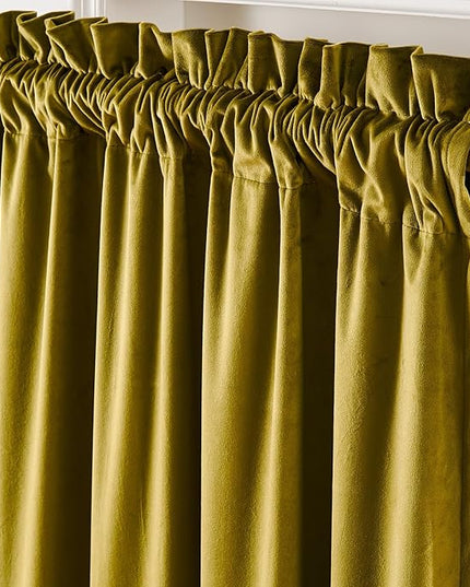 Lazzzy Velvet Blackout Curtains Thermal Insulated Room Window Drapes Super Soft Luxury Curtains for Living Room Bedroom Rod Pocket 2 Panels, Golden Olive, 52" W x 90" L