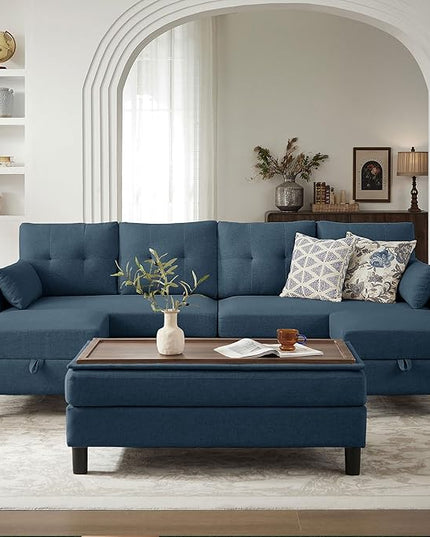 Convertible Sectional Sofa with Storage Ottoman Bench, 101" U Shaped Couch 4-Seat Sofa Set for Living Room/Apartment, Sectional Couch with Movable Ottoman, Blue