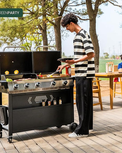 5 Burner Griddle Grill Combo, 2 in 1 Propane Gas BBQ Grill with Porcelain-Enameled Cast Iron Grates & Pan, Outdoor Flat Top Griddle, 695 Sq. In. Propane Barbecue Grill for Patio Backyard Balcony
