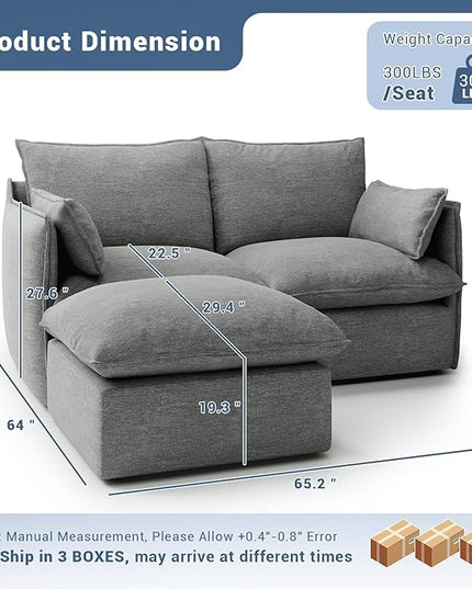 Cloud Modular Sectional Sofa, Waterproof Down Filled Sectional Sofa, High Backrest Loveseat Couch with Ottoman, Modern Modular Couch with Removable Cover, Dark Gray