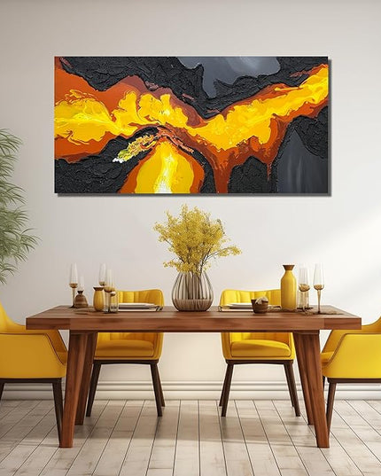 Abstract Lava Flow Canvas Wall Art for Living Room, Black and Gold Yellow Wall-Decor for Bedroom, Modern Textured Volcanic Landscape Paintings for Hallway Office, Size 58x29 Inches Hand Painted