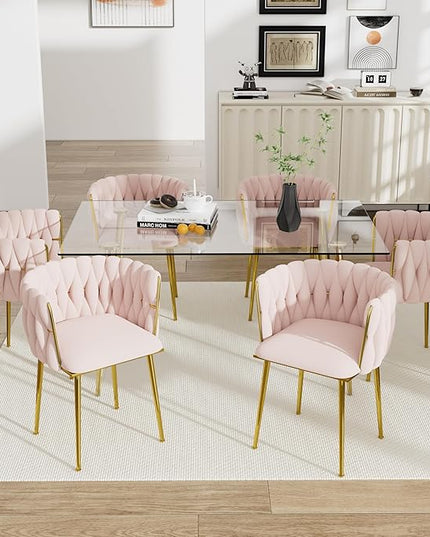 7 Piece Golden Glass Dining Table Set, 51'' Modern Luxury Rectangle Kitchen Table Set, Small Minimalist Dinner Table Set for 6, Pink Woven Chair, for Leisure Living Room Apartment Office