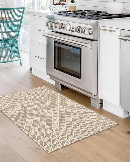 KOZYFLY Small Area Rug 2x3 Ft Washable Entryway Rug Non Slip Rubber Backed Throw Rugs Indoor Door Mat, Braided Cotton Floor Carpet for Front Entrance Front Door Sink Foyer, Tan/Beige