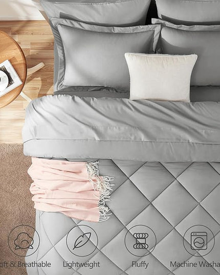 CozyLux King Size Comforter Set Light Grey - 7 Pieces Bed in a Bag King, Luxury Soft Bed Set for All Seasons, Bedding Set with Down Alternative Comforter, Sheets, Pillowcases & Shams