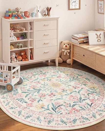 Wonnitar Washable Round Rugs 6ft, Pink Floral Circle Rug Large Round Carpet for Bedroom, Boho Soft Ultra-Thin Circular Carpets for Kids Playroom Living Room Nursery