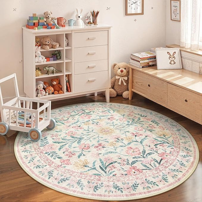 Wonnitar Washable Round Rugs 6ft, Pink Floral Circle Rug Large Round Carpet for Bedroom, Boho Soft Ultra-Thin Circular Carpets for Kids Playroom Living Room Nursery