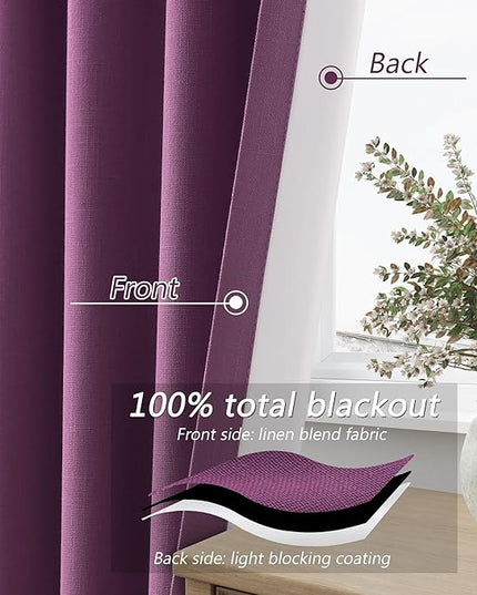 Guken Purple Blackout Curtains 90 Inch Length 2 Panels Set for Living Room Bedroom Back Tab Thermal Insulated 100% Black Out Linen Drapes Room Darkening Window Curtains 52 Inches Width