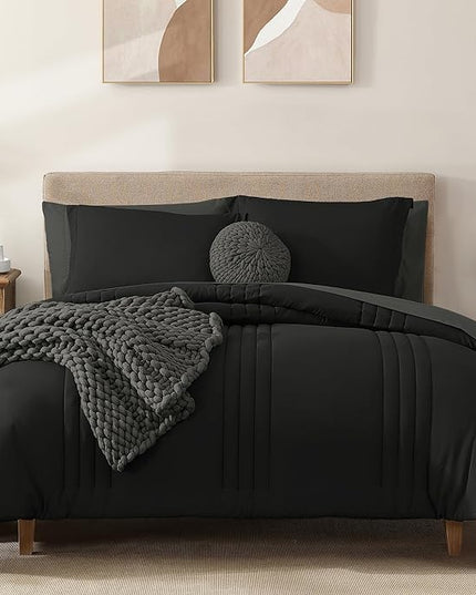 Monbix Full Comforter Set - 7 Pieces Black Bed in a Bag Full Size Bedding Sets with Comforters, All Seasons Down Alternative Comforter with Sheets,Pillowcases & Shams