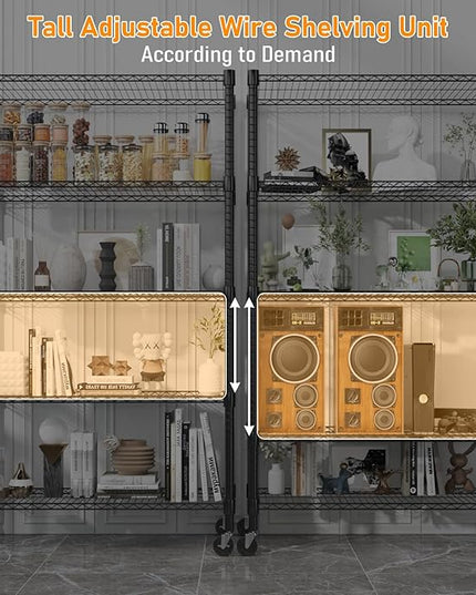 Himimi 5-Tier Heavy Duty Steel Wire Rack Storage Shelving, Adjustable Metal Storage Shelves with Wheels, 82''H Wire Shelf for Kitchen Garage Basement Pantry Organization, 18" D×36" W×82" H-Black