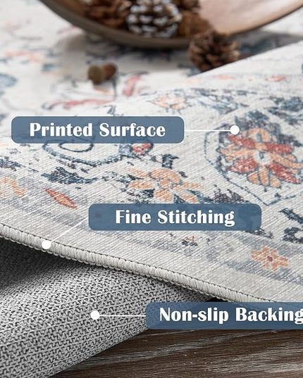 jinchan Round Rug 5ft Area Rug - Washable Boho Vintage Floral Circle 5' Round Floor Cover Lightweight Low Pile Thin Throw Non-Slip Carpet for Kitchen Living Room Bedroom Dining Room Office Grey Multi