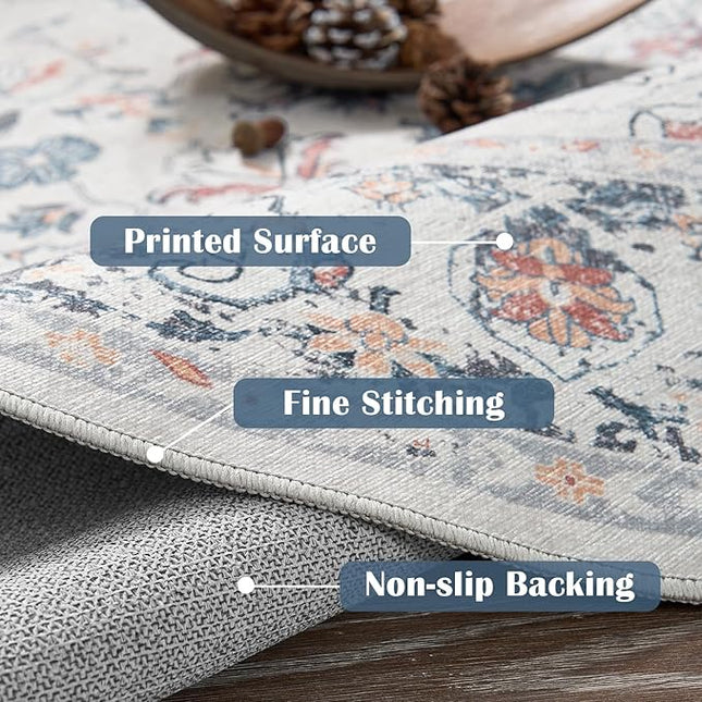 jinchan Round Rug 7ft Area Rug - Washable Boho Vintage Floral Circle 7' Round Floor Cover Lightweight Low Pile Thin Throw Non-Slip Carpet for Kitchen Living Room Bedroom Dining Room Office Grey Multi