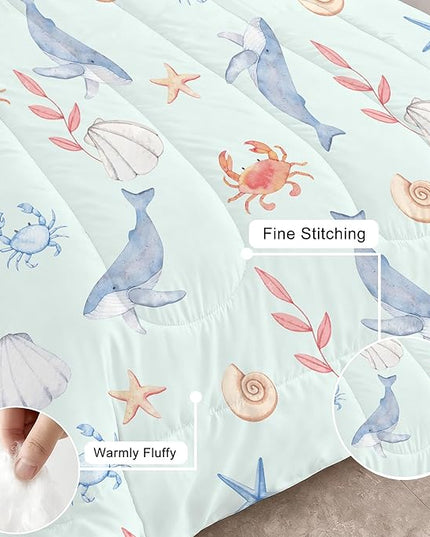 Whale Bedding Set Twin Size Light Blue Boys Ocean Comforter Set Twin Size Marine Life Bed Set Crab, Shell, Starfish Pattern Bedding for Kids Cute Ocean Quilt Set with 1 Comforter+ 1 Pillowcase