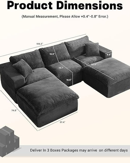 106.3” Sectional Couches for Living Room, Cloud Couch, Modular Sectional Sofa, Convertible Sofas Bed, Deep Seat Sofa, U Shaped Cozy Sofa Furniture Set, Corduroy, Gray