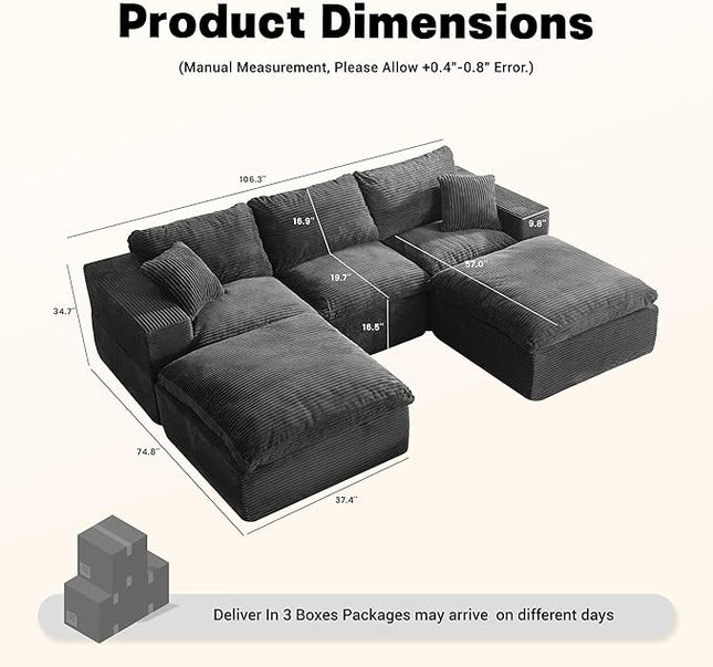 106.3” Sectional Couches for Living Room, Cloud Couch, Modular Sectional Sofa, Convertible Sofas Bed, Deep Seat Sofa, U Shaped Cozy Sofa Furniture Set, Corduroy, Gray