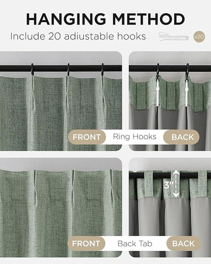 Joydeco Pinch Pleated Curtains - 100% Blackout for Bedroom, Sage Green Linen Curtains 40" W x 108" L, Thermal Insulated 2 Panels Light Blocking Drapes, Back Tabs for Living Room