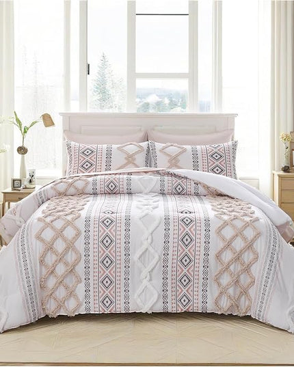 MOVE OVER Beige Tufted Comforter Set King 5 Pieces Shabby Chic Boho Bedding Set 100% Soft Microfiber Aztec Comforter Set Modern Style Ethnic Boho Tufted Bed Set for All Seasons