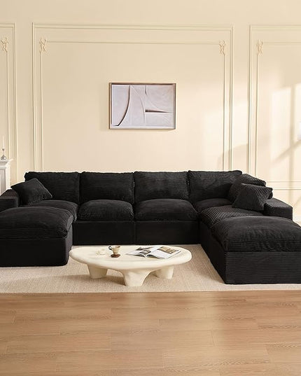 137.8” Sectional Couches for Living Room, Cloud Couch, Modular Sectional Sofa, Convertible Sofas Bed, Deep Seat Sofa, Sleeper Sofa Full Size, Corduroy, Black