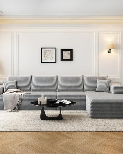 135.4" Cloud Modular Sectional Sofa Couch with L-Shape Chaise,Modern Minimalist Upholstered Couches for Living Room Bedroom,Deep Seat Corner Couch，No Assembly Required (Grey,Right Facing Chaise)