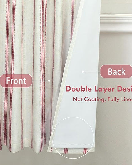 DriftAway Farmhouse Linen Blend Blackout Curtains 54 Inches Long for Bedroom Vertical Striped Printed Linen Curtains Thermal Insulated Lined Treatments for Living Room 2 Panels W52 x L54 Linen Red
