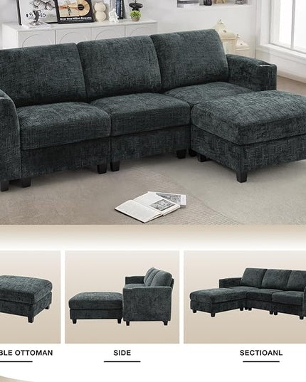 87" Chenille Sectional Sofa with Movable Ottomans, Modular L-Shape Couch with Cup Holders, Convertible 3 Seater Sofa with Well-Filled Backrest Cushions for Living Room, House, Grey