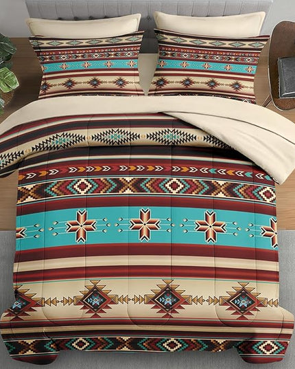 Comforter Set Full Size, African Tribal Ethnic 7 Pcs Bedding for Kids and Adults, Mexican Moroccan Aztec Bed Sheet Sets with Fitted Sheet 2 Pillowcases & 2 Shams for Bedroom Bed Decor