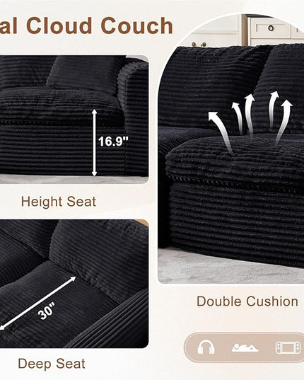 138” Modular Sectional Sofa Couches U Shaped Couch 4 Seater Cloud Sofa Memory Foam Sectional Couches for Living Room, Boneless Couch with Ottoman, Corduroy, Black