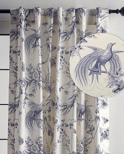 Maison d' Hermine Curtains for Living Room 100% Cotton 124 inch Length One Panel Light Filtering Toile Curtains for Bedroom Windows with Rod and Loop Pockets Drapes (Paradise Delft, 50" W x 124" L)